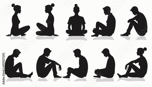 Silhouettes of men and women in various sitting and meditative positions against a plain background.