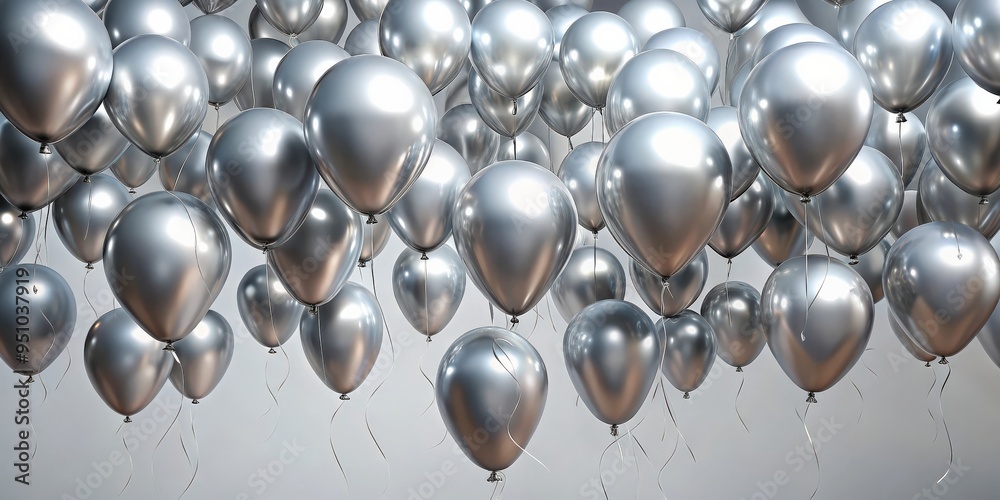 Fototapeta premium Silver balloons floating in the air with copy space, perfect for celebrations and events