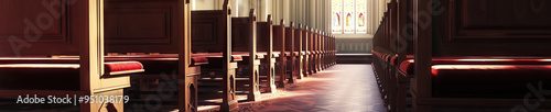 A row of kneeling pews, upholstered in rich burgundy velvet, invites congregants to join in prayer within a European cathedral. photo