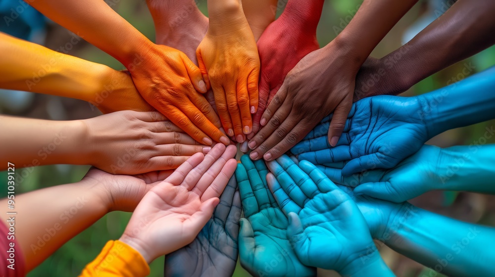 Fototapeta premium A diverse group of people holding hands, forming a colourful circle that represents unity and acceptance. Connection concept. Team concept.