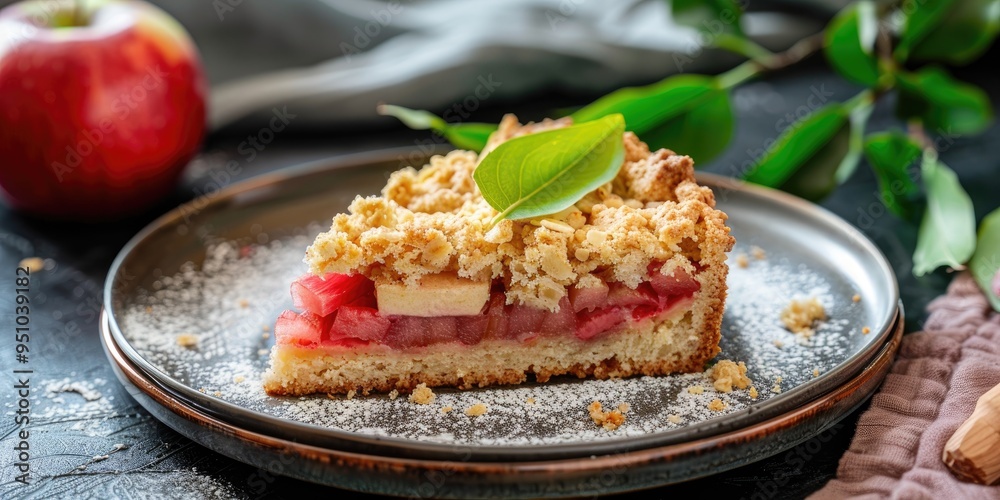 Modern American Crumble Cake with Rhubarb and Apple on a Designer Plate Modern American Crumble Cake with Rhubarb and Apple on a Designer Plate