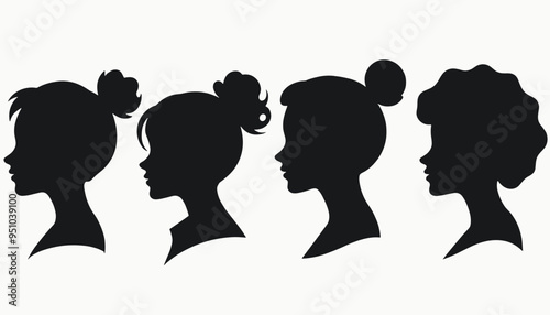 Silhouetted profiles of four women with diverse hairstyles in a side view.