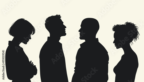 Silhouettes of two men and two women engaging in conversation, emphasizing diversity and unity.