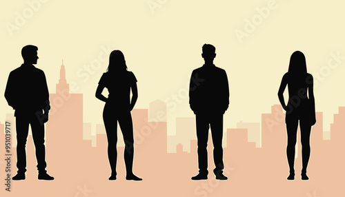 Silhouettes of two men and two women standing against a cityscape background at sunset.