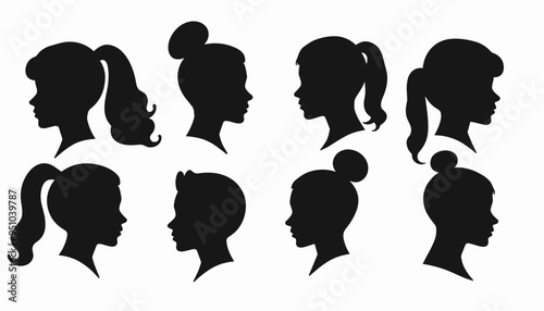 Silhouettes of women with various hairstyles in profile view on a white background.