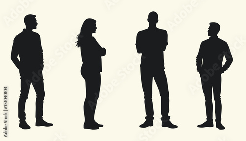 Silhouettes of three men and one woman standing in different poses on a light background.