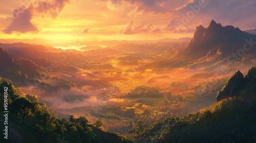 Early morning sunrise illuminating a vast valley