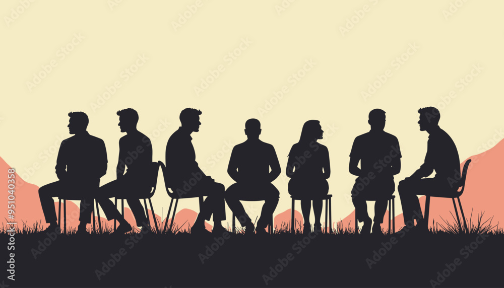 Silhouettes of diverse group of people sitting in chairs, engaged in conversation against a warm sunset background. Silhouettes of diverse group of people sitting in chairs, engaged in conversation against a warm sunset background.