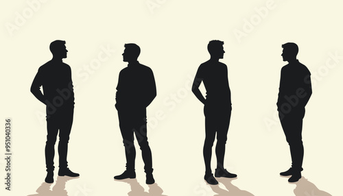 Silhouettes of four men standing and interacting against a pale background.