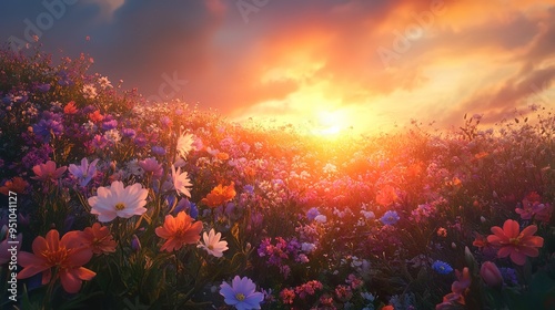 Dramatic sunrise over a field of wildflowers -