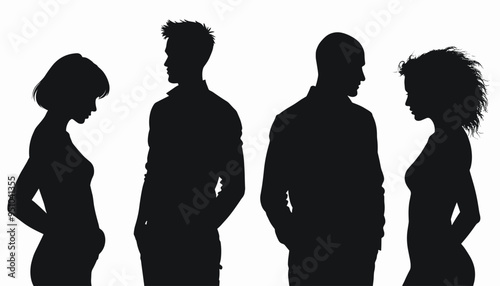 Silhouettes of two men and two women standing on a white background, conveying mystery and contemplation.