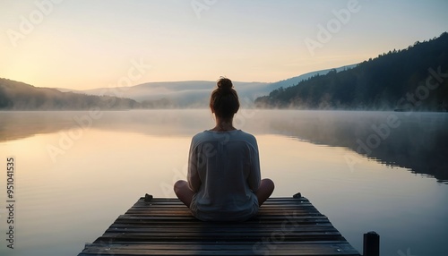 Young woman meditating in the morning by the lake photo