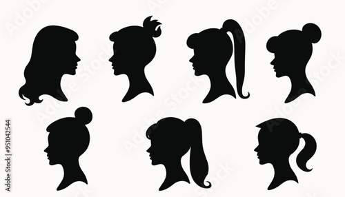 Silhouettes of female heads with various hairstyles on a white background.