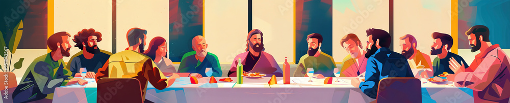 A contemporary interpretation of the Last Supper, using abstract shapes and colors to convey emotion and intimacy between the Apostles. A contemporary interpretation of the Last Supper, using abstract shapes and colors to convey emotion and intimacy between the Apostles.