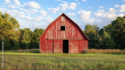 A red barn stands in a grassy field. Perfect for rustic or farm-themed designs.