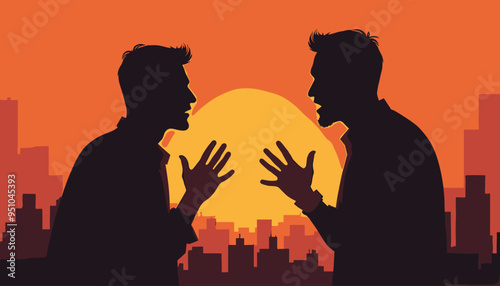 Two men in silhouette arguing intensely against a cityscape backdrop during sunset.