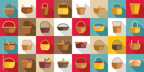 Wicker basket icons set. Collection of empty wicker baskets of different shapes and colors for grocery shopping or picnic in nature
