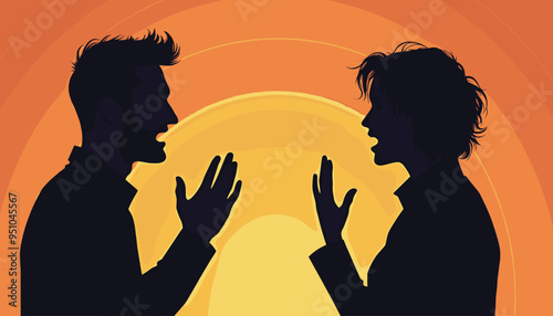 Silhouettes of a man and woman arguing against an orange sunset background.