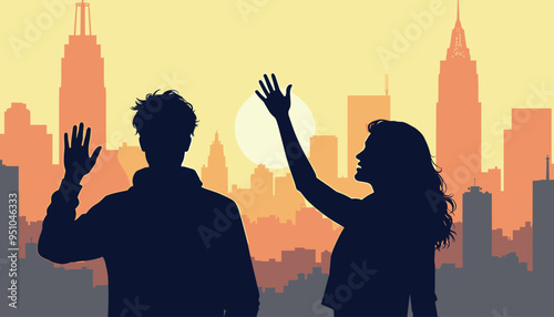 Silhouettes of a man and a woman waving with a city skyline at sunset in the background.
