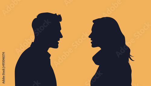 Silhouette of a man and woman facing each other on an orange background.