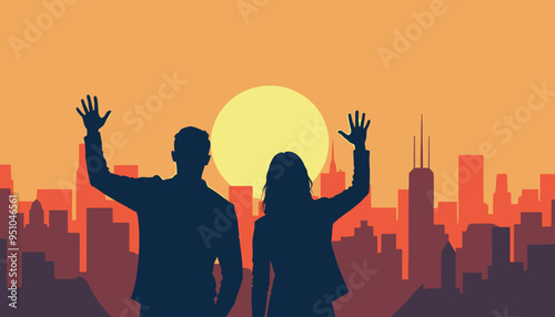 Silhouettes of a man and woman waving at sunset against an urban skyline backdrop.