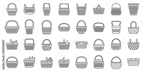 Wicker basket icons set. Large set of various empty wicker baskets with handles for grocery or picnic, thin line icons