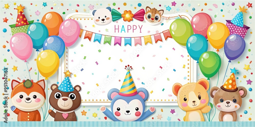 Birthday anniversary numbers with cute animals birthday party invitation card template featuring colorful balloons, confetti, and festive decorations Birthday anniversary numbers with cute animals birthday party invitation card template featuring colorful balloons, confetti, and festive decorations