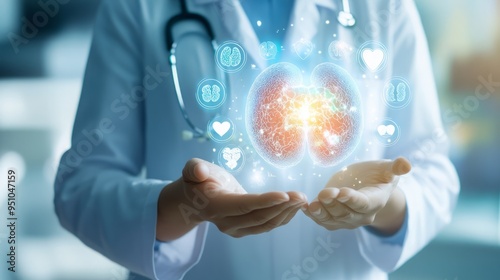 Doctor holding virtual icons representing various human organs including brain, lungs, heart, liver, kidneys, and intestines, illustrating the life-saving concept of organ donation and transplantation photo