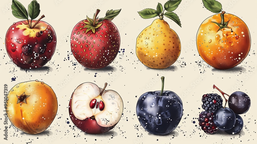 A set of fruits with photocopy effects. Made in the stippling technique with dot texture. Trendy retro grunge collage A set of fruits with photocopy effects. Made in the stippling technique with dot texture. Trendy retro grunge collage