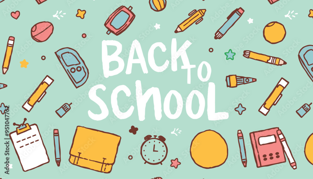 Colorful back-to-school pattern with various stationery items on a mint green background.