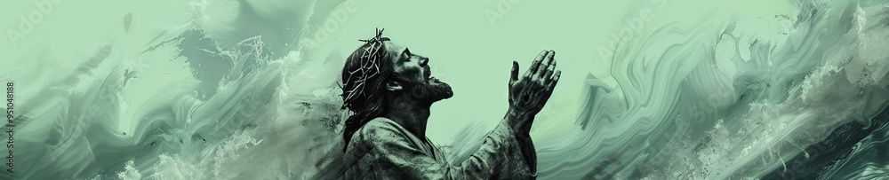 An expressive charcoal drawing of Jesus's forgiveness, with his hands raised in prayer against a stormy sea-foam green and gray background. An expressive charcoal drawing of Jesus's forgiveness, with his hands raised in prayer against a stormy sea-foam green and gray background.