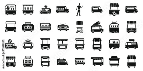 Cafe wheels icons set. Street food trucks and kiosks offering delicious food and drinks