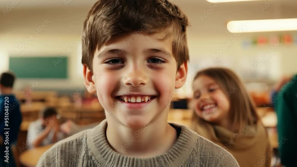 Young boy smiling with classmates in background Young boy smiling with classmates in background