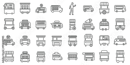 Cafe wheels icons set. Set of various street food icons featuring food trucks, food carts, and a street vendor serving customers