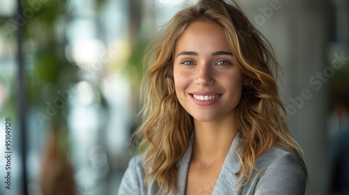 Confident Businesswoman Leading Presentation with Copy Space for Text in Modern Office Setting