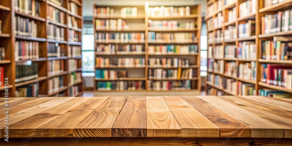 Empty wooden table in library setting with blurred bookshelf in background Empty wooden table in library setting with blurred bookshelf in background