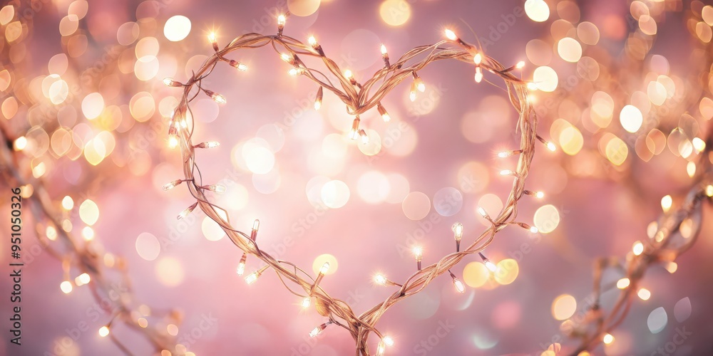 Fototapeta premium Bokeh sparkling garland lights forming heart shapes on pastel pink background for Valentine's Day love concept
