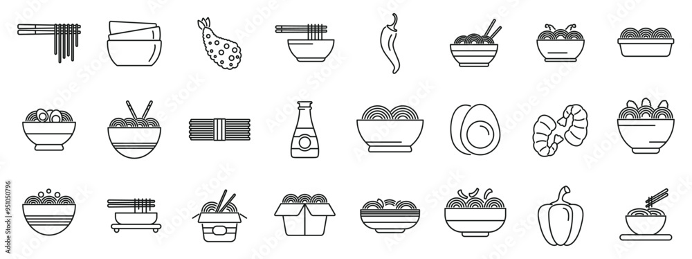 Udon noodles icons set. Asian food icons set in thin line style, representing different types of noodles and ingredients