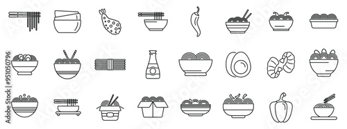 Udon noodles icons set. Asian food icons set in thin line style, representing different types of noodles and ingredients