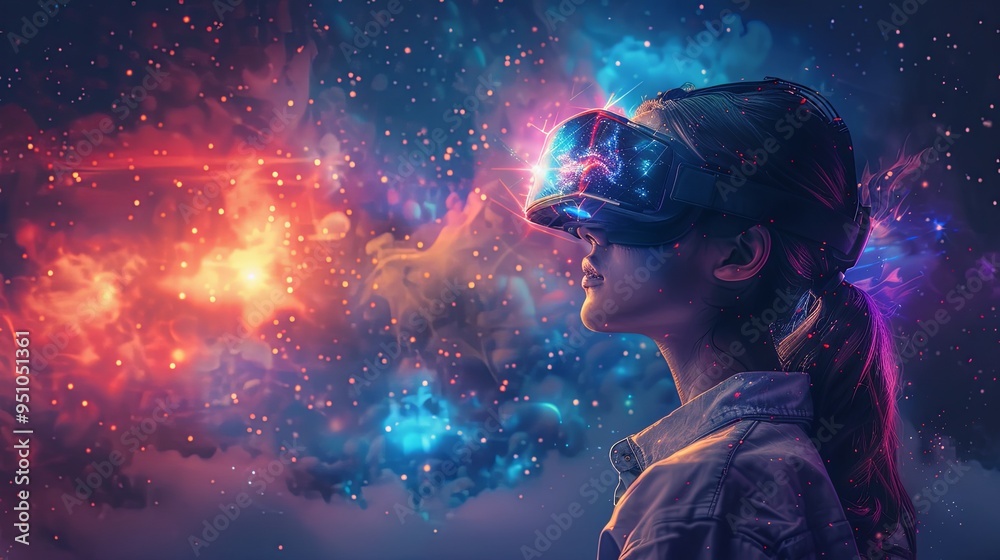 A woman is exploring space in VR glasses. A virtual researcher of cyberspace A woman is exploring space in VR glasses. A virtual researcher of cyberspace