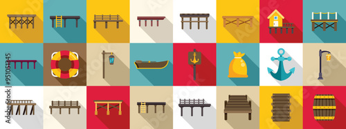 Wooden pier icons set. Collection of sea pier icons representing various elements found in coastal areas