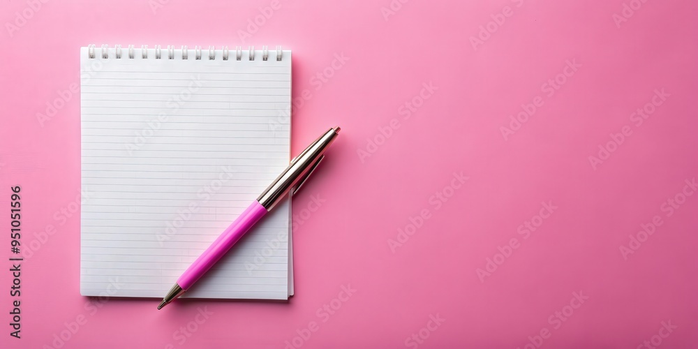Top view of empty note paper with pen on pink background for back to school concept Top view of empty note paper with pen on pink background for back to school concept