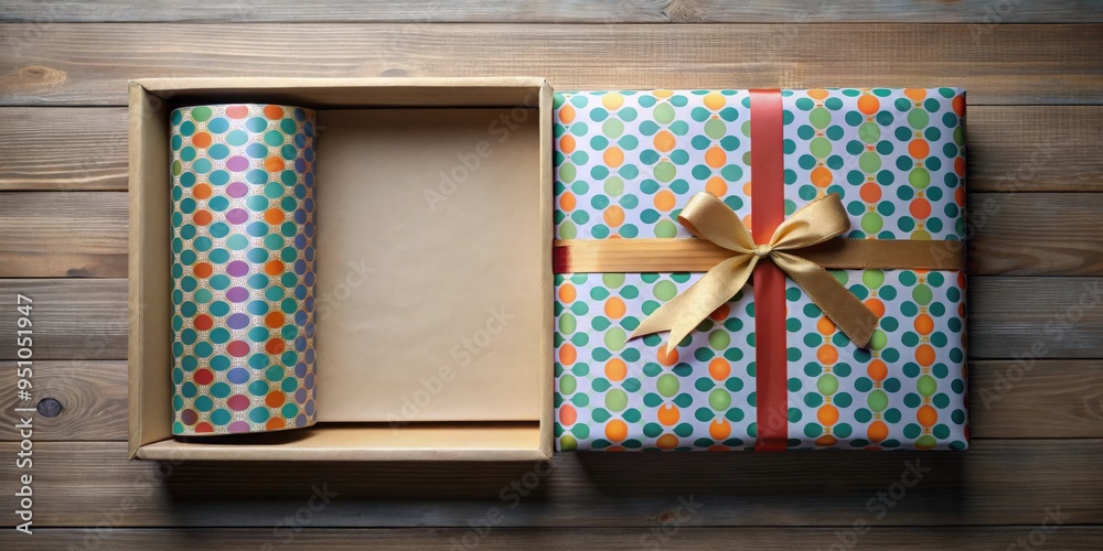 Obraz premium Top view of open box with mockup wrapping paper for gift packaging