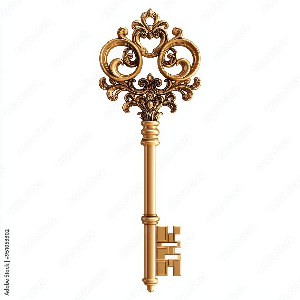 Elegant golden key with intricate design, access, treasure, vintage, clipart, white background, high quality Elegant golden key with intricate design, access, treasure, vintage, clipart, white background, high quality