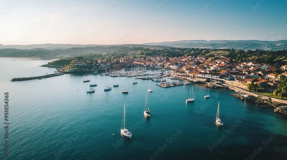 Obraz premium Coastal Town Serenity: Aerial View of Boats in a Crystal-Clear Harbor