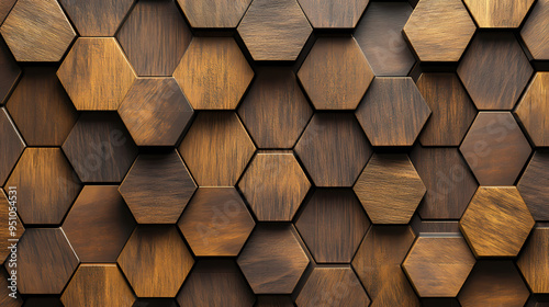 Fototapeta Naklejka Na Ścianę i Meble -  Abstract luxurious geometric hexagon wood background banner 3d texture background - brown rustic rough wooden hexagonal shape decor wall panele wallpaper, seamless pattern. Geometric. Illustration