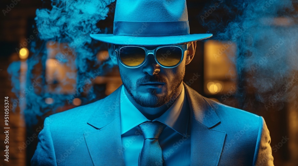 Blue Smoke, Steely Gaze: A stylish man in a fedora and sunglasses ...