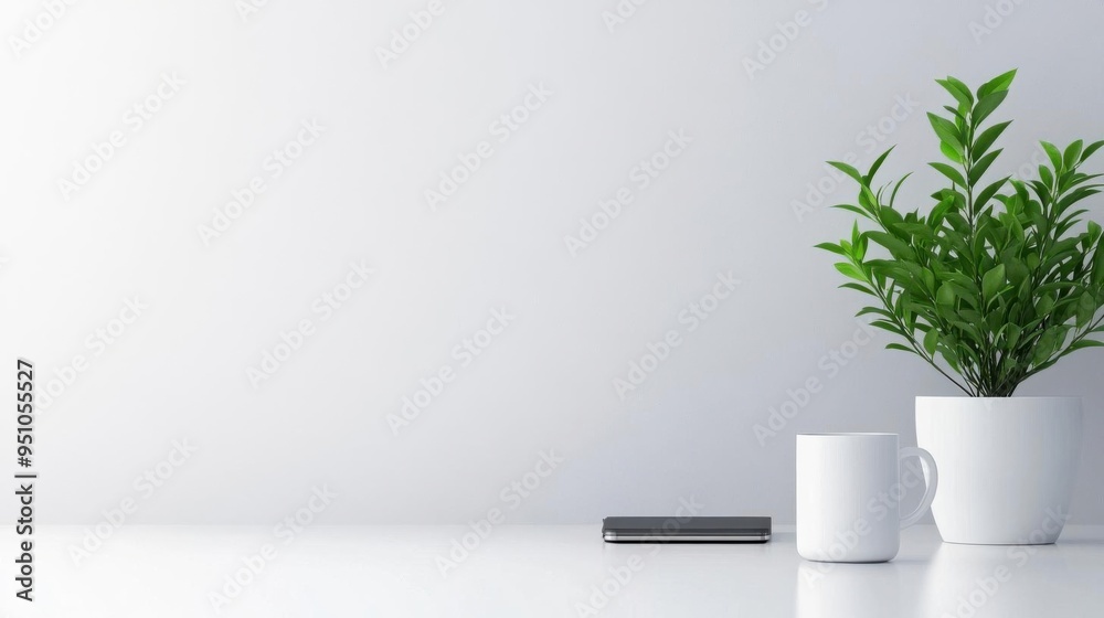 Minimalist workspace featuring a plant, mug, and phone on a clean white desk, perfect for a serene office atmosphere. Minimalist workspace featuring a plant, mug, and phone on a clean white desk, perfect for a serene office atmosphere.