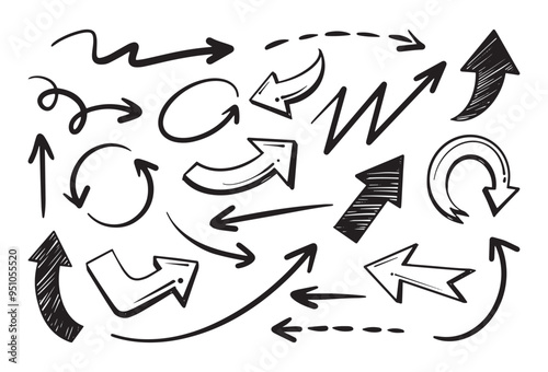 Black and white hand drawn arrows with diverse shapes and directions on white background. Vector cartoon illustration