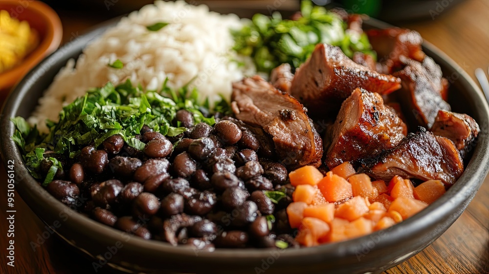 A plate of Brazilian feijoada, featuring black beans, pork, and traditional accompaniments. A plate of Brazilian feijoada, featuring black beans, pork, and traditional accompaniments.
